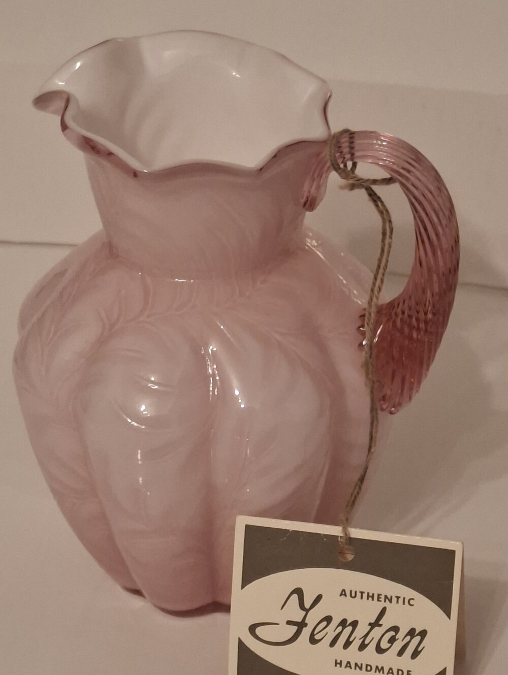 Vintage FENTON Art Glass Pitcher In Soft Pink Case Glass.